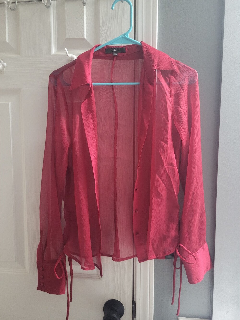 Lulu's Sheer Cherry-Red Button Down Blouse